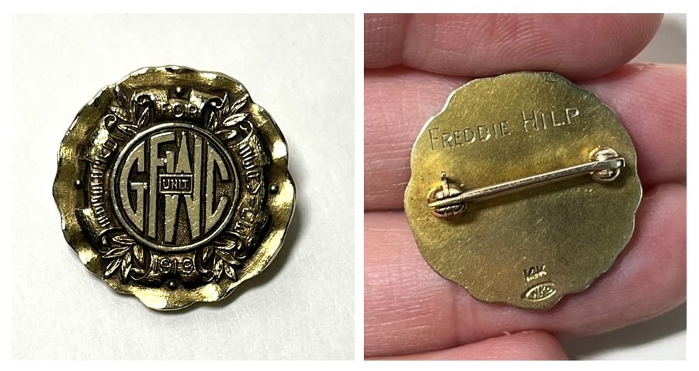 Front and back of Freddie Hilp's Overseas Unit pin